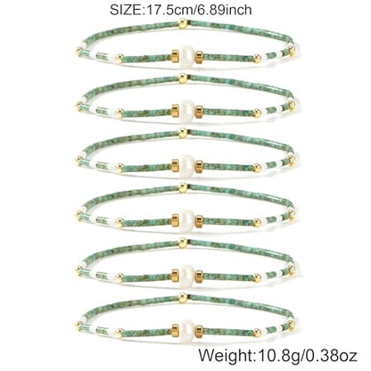 Colorful Stackable Rice Small Mini Seed Beaded Bracelets Set For Women, Handmade Dainty Boho Gold Glass Stretch Accessories Jewelry,Summer Beach Party Daily Friendship Gift - color: Green Pearl