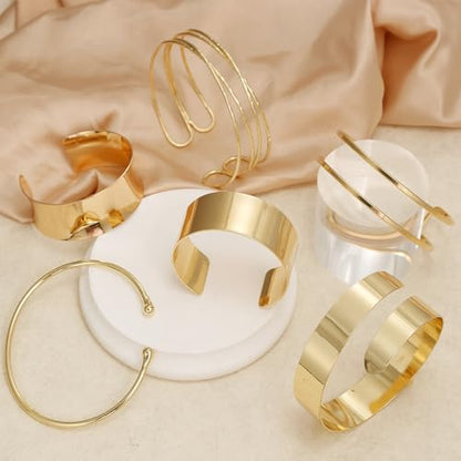 BROCC 6PCS Arm Cuff Jewelry for Women Upper Arm Cuff Bangle | Open Wide Bangle, Irregular Minimalist, Adjustable, Coil Armband Set - color: A