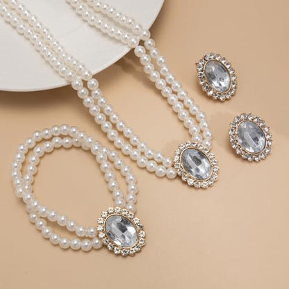 3Pcs Dainty Elegant Imitation Pearl Beaded Choker Necklace Bracelets Earrings Set Handmade Adjustable Faux Pearl Necklace for Women Bridal Wedding Party Prom Birthday Valentine Jewelry Gifts - color: B white