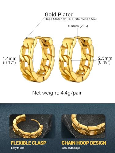PROSTEEL Stainless Steel Huggie Hoop Earrings for Mens Gold/Black/Silver | Skull/Infinity Pattern, Spike/Cuban Links 4 Design Options Hypoallergenic Lightweight Earring Hip Hop Punk Gothic Jewelry - style: Cuban Links-Gold