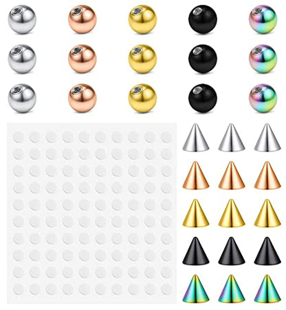 Fake Eyebrow Ring Fake Lip Labret Studs Replacement Balls Spike with 100pcs Sticker Non-Piercing Body Jewelry Fake Skin Piercing - color: F -Mix Color