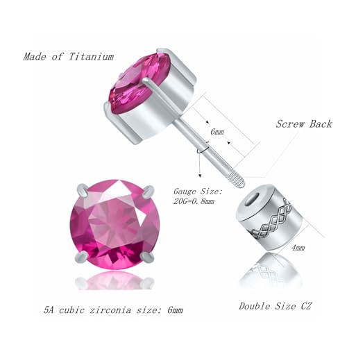 Titanium Flat Back Surgical Stainless Steel Stud Earrings for Women Men,Birthstone Stud Earrings Hypoallergenic Double Side 5A Cubic Zirconia Studs Jewelry 6mm - color: Silvery-Rose Red CZ