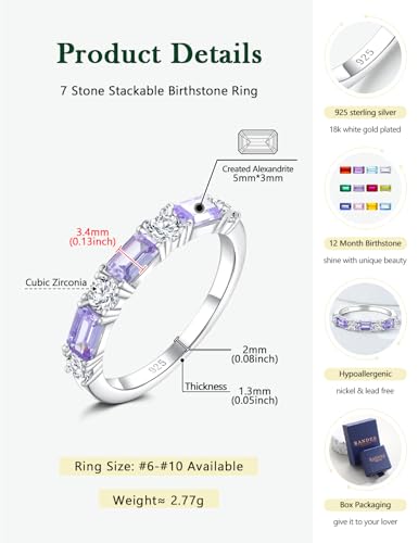 3.5mm Half Eternity Band Sterling Silver Rings for Women Sapphire/Ruby/Emerald and Cz Wedding Bands 7 Stone Stackable Birthstone Ring Anniversary Jewelry Size 6-10 - color: 06-Alexandrite-Jun.