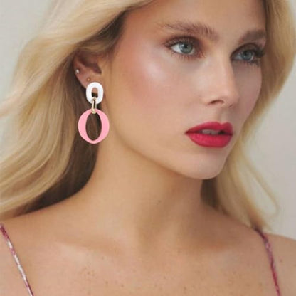 Geometric Square Earrings for Women Lightweight Colorful Color Block Acrylic Chunky Geometric Rectangle Oval Link Chain Statement Earring - style: White Pink -O