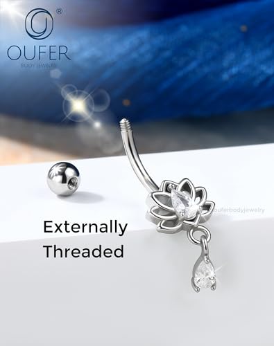 OUFER Hypoallergenic Dangle Belly Button Rings, 14g Surgical Steel Belly Rings for Women, Lotus Navel Rings, Dangle Navel Piercing Jewelry