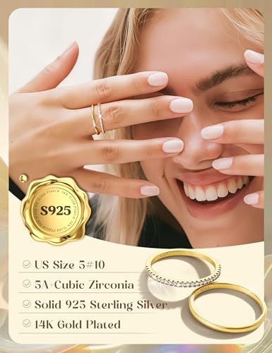 MILACOLATO 2Pcs Solid 925 Sterling Silver Rings for Women 1.3mm Thin Non Tarnish White Gold Plated Plain Thumb Stackable Rings Half Cubic Zirconia Wedding Eternity Band Rings Size 5-10 - color: 14K Gold Plated