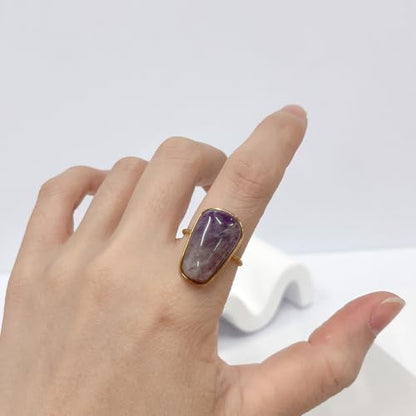 OIDIMS Gemstone Statement Ring for Women Gold-Tone Stainless Steel Natural Stone Rose Quartz Aventurine Turquoise Adjustable Open Band Stacking Finger Rings Boho Cocktail Wedding Party Jewelry - color: Amethyst