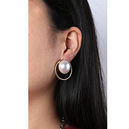 Gold Metal Clip On Earrings for Women Non Pierced Dangle Drop Earrings Multiple Styles - color: gold round pearl clip