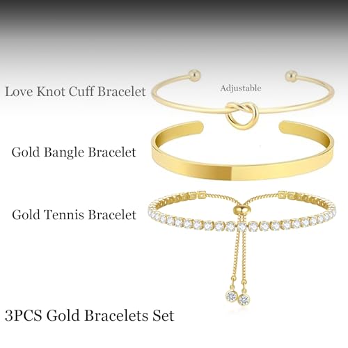 HERIER Gold Bracelets for Women 18k Gold Plated Bracelet Stack Bangle Cuff Bracelet Set for Women Non Tarnish Beaded/Paperclip/Cuban Link Chain Bracelets Jewelry for Women Trendy - style: Bangle Tennis3-Gold