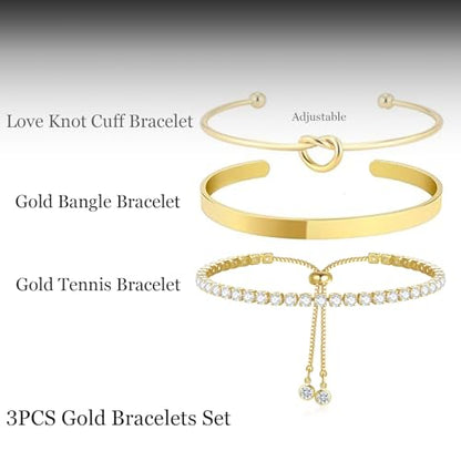 HERIER Gold Bracelets for Women 18k Gold Plated Bracelet Stack Bangle Cuff Bracelet Set for Women Non Tarnish Beaded/Paperclip/Cuban Link Chain Bracelets Jewelry for Women Trendy - style: Bangle Tennis3-Gold