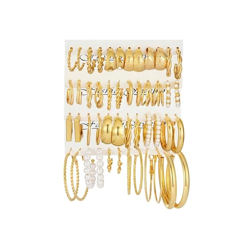 24 Pairs Gold Silver Hoop Earrings Set for Women, Lightweight Earring Pack | Hoop Set Comfort for Everyday Wear, Classic & Trendy Designs for Every Outfit, Perfect for Work, Travel & Special Occasions - color: Gold