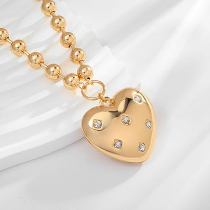CLASSYZINT Gold Heart Pendant Necklace for Women Puffy Heart Necklace Beads Chain Necklace Statement Necklace Trendy Jewelry - style: XL22340A