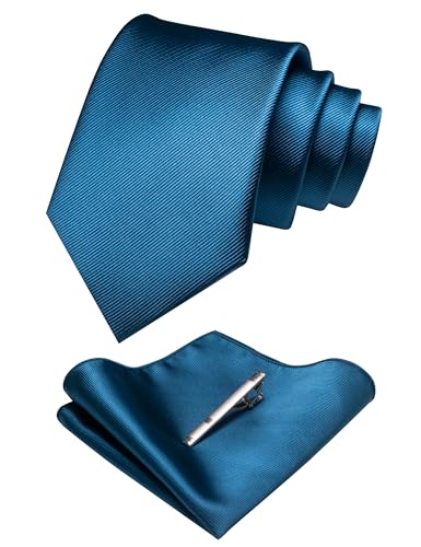 JEMYGINS Solid Color Formal Necktie and Pocket Square Tie Clip Sets for Men - color: Peacock Blue