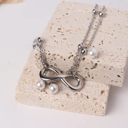 Jean Beau Infinity Beach Anklet bracelet for Women Teen Boho Waterproof Double Layered Dainty Beads Chain Charm Ankle Pearl dangling foot Jewelry Gift - color: Silver