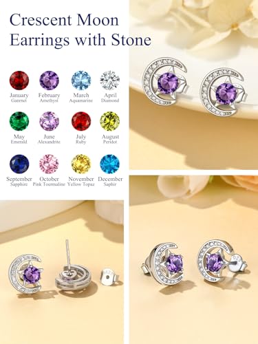 Suplight Sterling Silver Moon and Star Birthstone Crystal for Women with Dainty Silver Necklaces/Stud Earrings 1-12 Month Birthstone Emerald Pendant Sparkling Cubic Zirconia Gem Dainty Jewelry for Birthday Everyday - color: 12.December ( Turquoise)