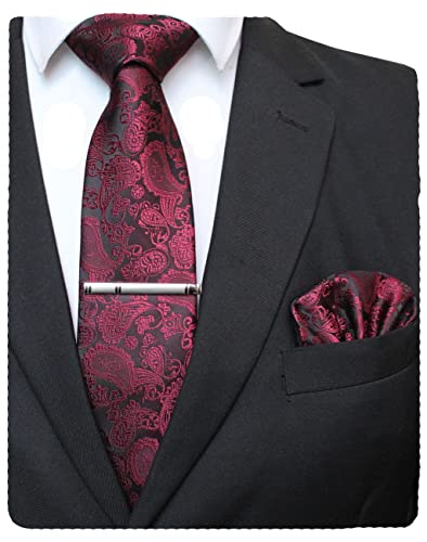 JEMYGINS Mens Solid Color Paisley Necktie and Pocket Square with Tie Clip Sets - color: Burgundy