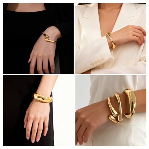 Chunky Gold Bangle Bracelets for Women, 3PCS Dainty Gold Plated Cuff Bracelet Big Stackable Bangles Set, Trendy Statement Chunky Bracelet Stack Fashion Jewelry Gifts