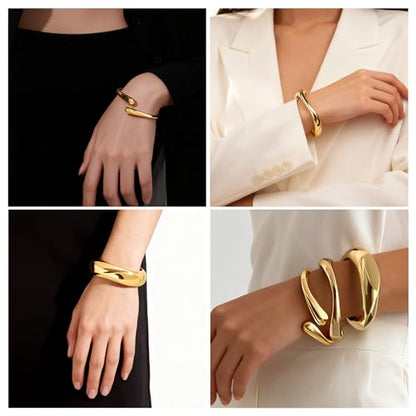 Chunky Gold Bangle Bracelets for Women, 3PCS Dainty Gold Plated Cuff Bracelet Big Stackable Bangles Set, Trendy Statement Chunky Bracelet Stack Fashion Jewelry Gifts