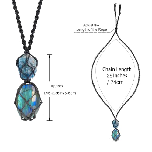 Anjiucc Handmade Crystal Cage Holder with Raw Gemstone Pendant Necklace Natural Stone Healing Crystal Necklace Adjustable Length - color: Labradorite+Blue apatite
