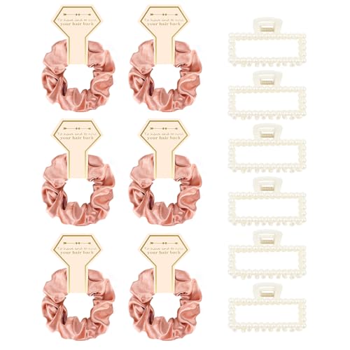 Bridesmaid Proposal Gifts, 12 PCS Bridesmaids Silk Hair Scrunchies & Pearl Hair Clips Set for Women Girls Bachelorette Party Favors Bridal Shower Favors Bridesmaids Gifts for Wedding Day (Rose Gold) - color: Rose Gold