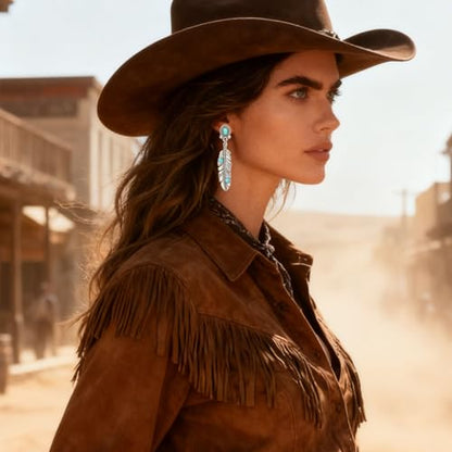 Western Turquoise Earrings Silver western earrings Bohemian turquoise western Jewelry for Women (Feather-Earrings)