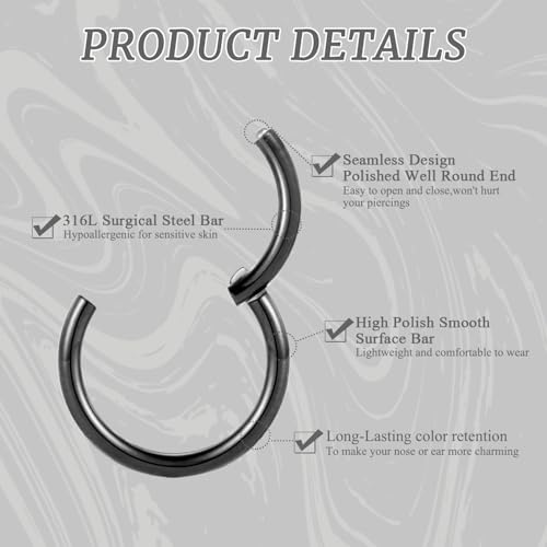 GAGABODY 2 Pcs Nose Rings 22G 20G 18G 16G 14G 12G 10G 8G Surgical Steel Piercing Rings for Nose Septum Cartilage Helix Tragus Conch Rook Daith Lobe from 5mm to 16mm Seamless Hoop Unisex Hinged Earrings - color: Black
