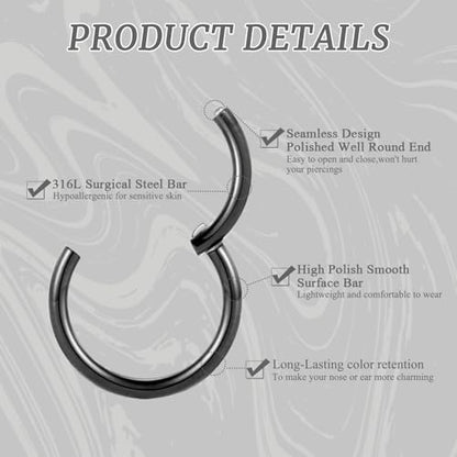 GAGABODY 2 Pcs Nose Rings 22G 20G 18G 16G 14G 12G 10G 8G Surgical Steel Piercing Rings for Nose Septum Cartilage Helix Tragus Conch Rook Daith Lobe from 5mm to 16mm Seamless Hoop Unisex Hinged Earrings - color: Black