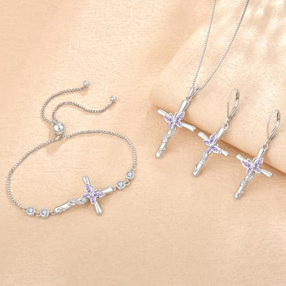 Cross Necklace for Women 925 Sterling Silver Butterfly Necklace Birthstone Pendant Created Gemstone Jewelry Gifts for Women - color: 06 June - Alexandrite