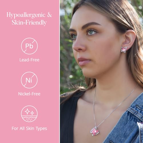 Butterfly Necklace, Birthstone Crystal, for Women, Silver Tone Pendant Jewelry, Anniversary Birthday Gift for Her, Wife & Mom, 18"+2" - color: 10-October Birthstone - Light Rose Pink Crystal