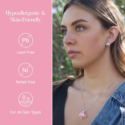 Butterfly Necklace, Birthstone Crystal, for Women, Silver Tone Pendant Jewelry, Anniversary Birthday Gift for Her, Wife & Mom, 18"+2" - color: 10-October Birthstone - Light Rose Pink Crystal