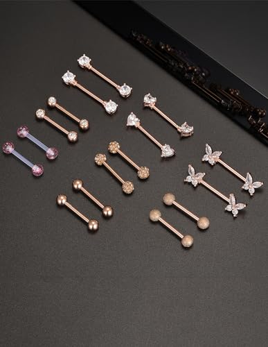 Akeoqi 8 Pairs Nipple Rings Tongue Ring 14G Stainless Steel CZ Ball Heart Butterfly Nipple Straight Barbells Body Piercing Jewelry for Women Men Silver Rose Gold Plated 14mm - color: A:Rose Gold, size: 14mm