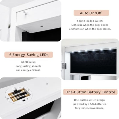 Lockable Jewelry Cabinet Organizer with Full Length Mirror, 6 Auto LED Lights, Wall & Over Door Mount Jewelry Armoire with Earring Slots, Necklace Hooks, Foldable Makeup Shelf - color: White
