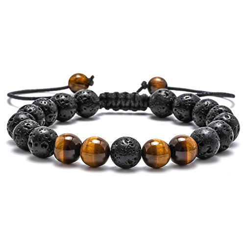 M MOOHAM Mens Bracelet - Beaded Natural Stone 8mm Tiger Eye Matte Agate Lava Rock Bracelets for Men Teen Boys Grandpa Dad Birthday Gifts Jewelry - style: Lava Rock Tiger Eye Bracelet