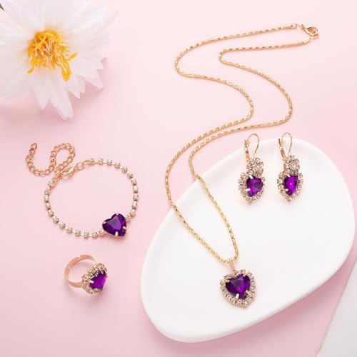 4 Pcs Heart Jewelry Set for Women fashion Cubic Zirconia Pendant Necklace Bracelet Earrings Dainty Open Ring Charm Prom Party, Birthday Valentines Mothers Day Christmas Jewelry Gift - style: Purple