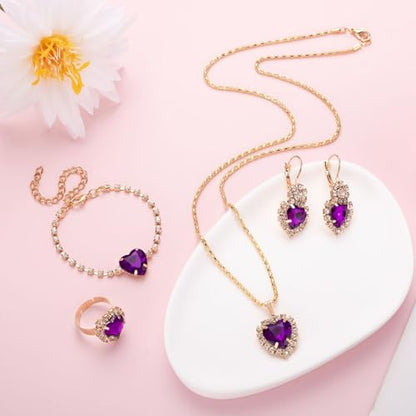 4 Pcs Heart Jewelry Set for Women fashion Cubic Zirconia Pendant Necklace Bracelet Earrings Dainty Open Ring Charm Prom Party, Birthday Valentines Mothers Day Christmas Jewelry Gift - style: Purple