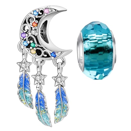 LNQOBU 925 Sterling Silver Charms for Bracelets Necklaces,5A Cubic Zirconias Evil Eye Dangle Beads Charms Jewelry Gift for Women (With one Spacer Beads Charms) - style: Star and Moon Dreamcatcher