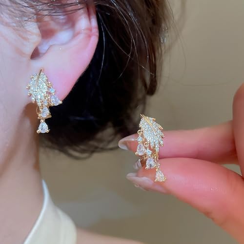 Crystal Leaf Tassel Teardrop Clip on Earrings for Women 14k Gold Plated Shiny Rhinestone Feather Shaped Dangle Drop Non-Piercing Earring Elegant Wedding Prom Anniversary Party Jewelry Gifts - color: Gold