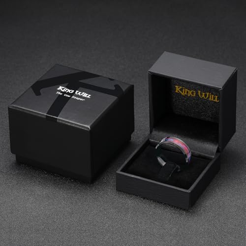 King Will Mens Galaxy Tungsten Wedding Band | 6mm/8mm, Beveled Edge, Comfort Fit, Durable, Sandstone Opal Inlay Polished, Everyday Wear - color: Black&Red&Blue