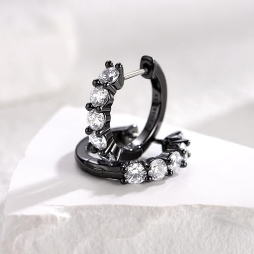 Evabelle Gold Hoop Earrings for Women 14K Real Gold Plated Cubic Zirconia Diamond Hoop Earrings Huggie Hoop Earring Women Earrings Earring for Men 925 Sterling Silver Post Hypoallergenic - color: Hoops 10-Black Ring and White Stone