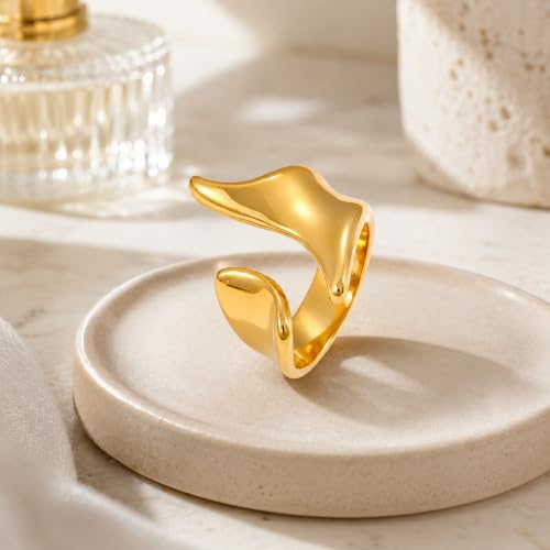 Gold Stainless Steel Open Ring, Sculptural Wave Statement Ring, Wide Polished Band Jewelry for Women Daily Party Outfits