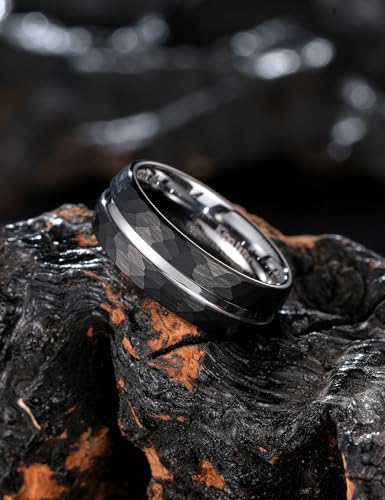 King Will Men's Tungsten Carbide Wedding Ring Hammered Groove Wedding Band Mens Two Tone Engagement Ring for Men and Women Matte Brushed Finish Comfort Fit - color: 8MM Black-Silver Groove