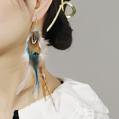 lureme Bohemian Style Boho Multicolor Pheasant Feathers Dangle Earrings for Women (er006359) - color: Earthy, Natural Tone