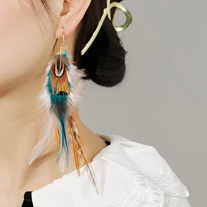 lureme Bohemian Style Boho Multicolor Pheasant Feathers Dangle Earrings for Women (er006359) - color: Earthy, Natural Tone