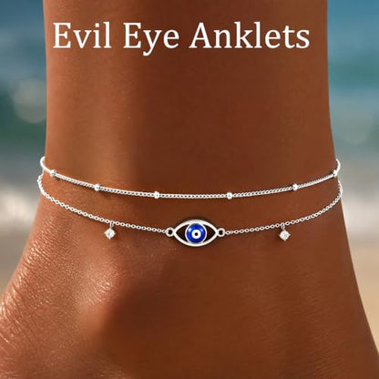 Gold/Sterling Silver Anklet Bracelets for Women Waterproof, Non Tarnish 925 Sterling Sliver Plated Heart Evileye Butterfly Charm, Dainty Summer Beach Anklets for Women, Beach Vacation Bikini Outfits for Her Mom - style: Evil eye-Silver