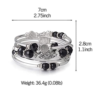FULU AUTUMN Stackable Beaded Bracelets for Women Boho Wrap Silver Bracelet Layered Fashion Jewelry Gifts for Her - color: Black