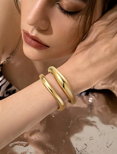 Chunky Gold Bangle Bracelets for Women – 14k Gold Plated | Cuff Bangles, Stackable Bracelet Set, Wide Trendy Fashion, Jewelry Gift - color: 05-Gold-2pcs