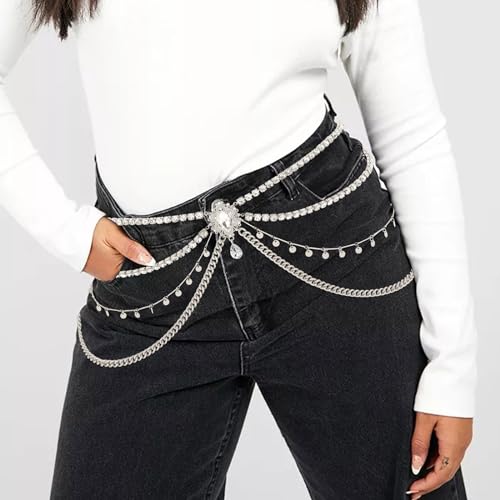 ELABEST Rhinestone Layered Chain Belt Sequin Waist Chain Body Chain Jewelry for Women - style: Silver