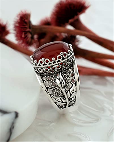 Filigranist 925 Sterling Silver Filigree Art Lace Embroidery Tulip Detailed Gemstone Women Cocktail Ring, Luxurious Gift Boxed - color: Carnelian