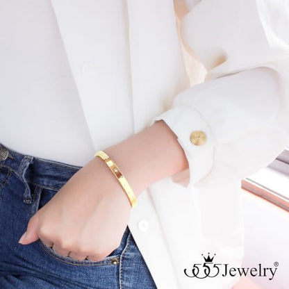 555Jewelry Womens Sparkling Cubic Zirconia Secure Hinge Lock Bangle Stainless Steel Bracelet - color: Yellow Gold Style 3