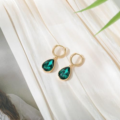 Crystals Teardrop Dangle Drop Earrings, 18K Gold Plated Hoop Earrings Zirconia Jewelry for Women Gifts - color: Green